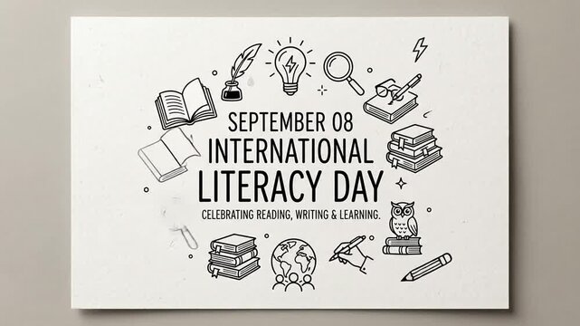 International Literacy Day celebration concept with handwritten books and icons