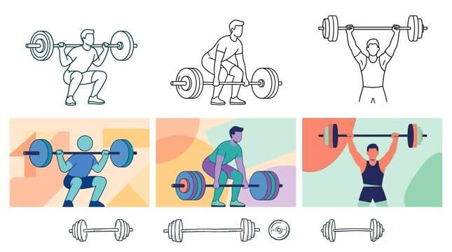 Athletes perform various weightlifting exercises in this collection of stylized vector illustrations.