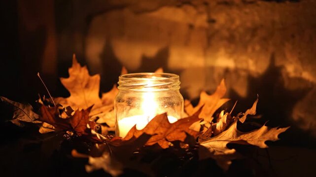 Candle burning in a glass holder among dry autumn leaves with dancing shadows on the wall, cozy Halloween ambience video