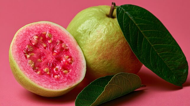 A monochromatic pink-green composition emphasizing the vibrant color contrasts found in guava fruit