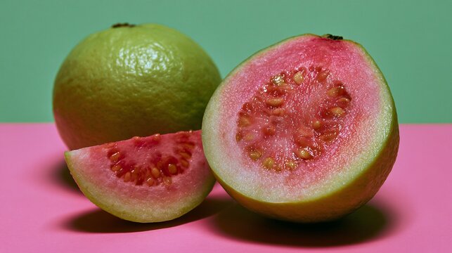 A monochromatic pink-green composition emphasizing the vibrant color contrasts found in guava fruit