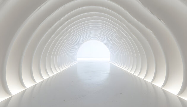 Modern abstract tunnel featuring organic curved architecture, soft lighting, and a clean futuristic interior.