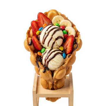 Bubble waffle with vanilla ice cream, strawberries, bananas, and colorful candies, isolated on transparent background