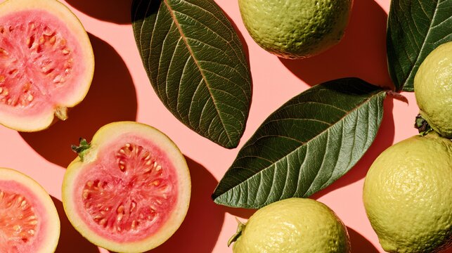 A top-down tropical composition featuring guava fruit on a pale coral background creating vibrant seasonal energy