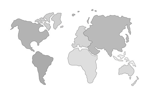 World continents map flat grayscale line illustration. Global education. America and Europe boundaries. Asia and Africa silhouettes. Geographic landmass 2D object isolated. Monochrome vector image