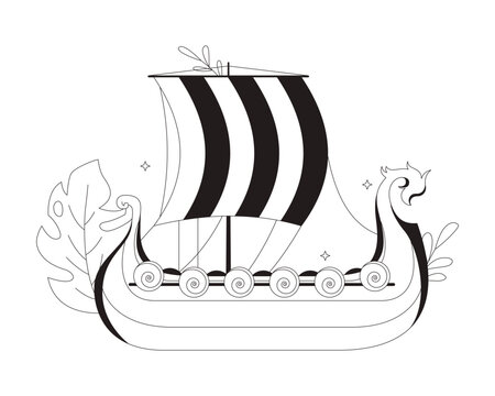 Viking longship flat line illustration. Ancient sailing ship. Norse mythology. Scandinavian culture. Drakkar with botanical accents 2D outline object isolated. Black and white cartoon vector image