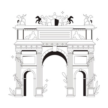Arch of Peace in Milan flat line illustration. Neoclassical architecture with sculptural details. European landmark. Arco della Pace 2D outline object isolated. Black and white cartoon vector image