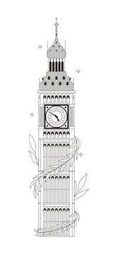 Big Ben clock tower landmark flat line illustration. London attraction. Historic building. Gothic revival architecture with foliage 2D outline object isolated. Black and white cartoon vector image