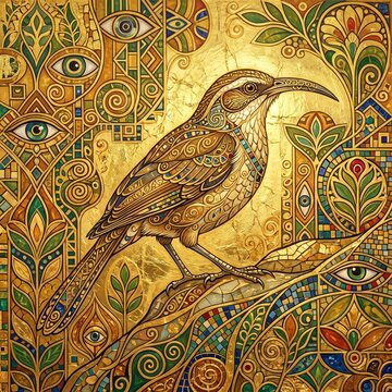 Discover a golden decorative bird illustration with mystic eyes and mosaic patterns. Perfect for luxury packaging, boho wall art, and mystical designs.
