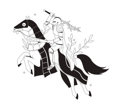 Medieval knight riding horse with raised sword flat line illustration. Horseback chivalry. European history. Noble battle jousting 2D outline object isolated. Black and white cartoon vector image