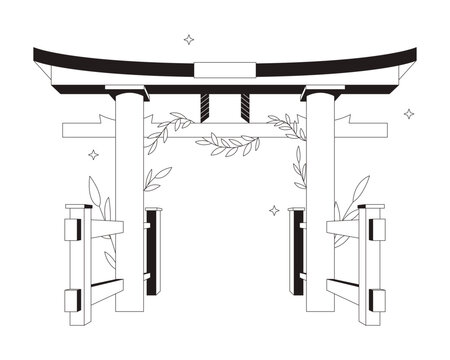 Traditional Japanese torii gate flat line illustration. Shinto shrine entrance. Cultural heritage. Historical landmark. Asian architecture 2D outline object isolated. Black and white vector image