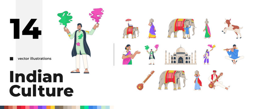 Indian culture and heritage 2D cartoon characters pack. Taj Mahal. Traditional musicians. Holi celebration. Village women. South Asians isolated vector people. Flat spot illustration collection