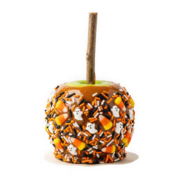 Halloween caramel apple with candy corn and ghost sprinkles isolated on transparent background