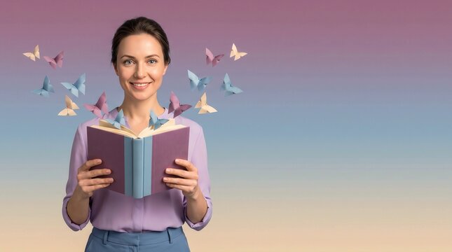 Young woman smiling while holding an open book as colorful paper butterflies emerge from its pages, symbolizing imagination, learning, creativity, and the joy of reading.