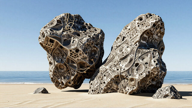 Surreal Sci-Fi Structures on a Desolate Sandy Beach