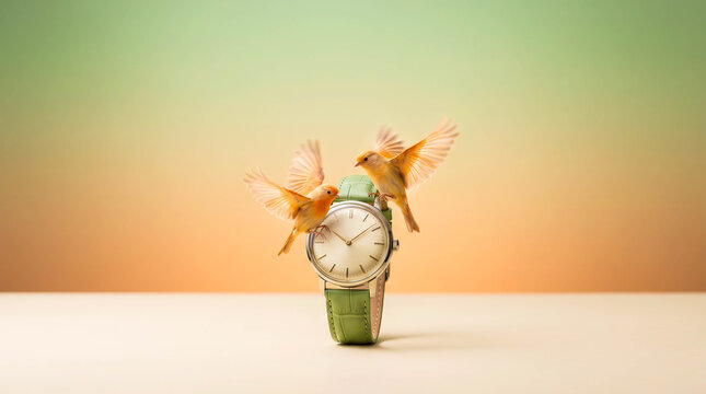 Two small birds perched on a wristwatch in a surreal composition representing time, freedom, nature, and fleeting moments.