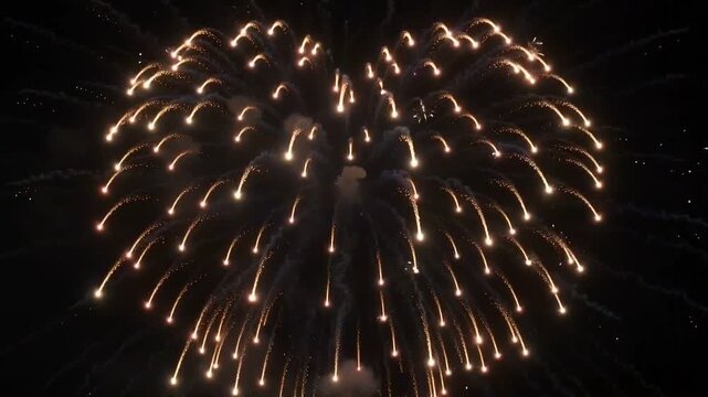 Beautiful heart-shaped firework illuminating the dark night sky with golden light trails during a celebratory event