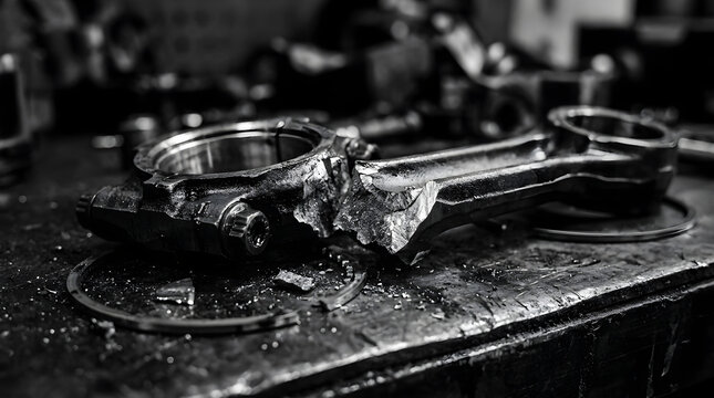Close-up monochrome image of a severely broken and damaged car engine connecting rod in a mechanical workshop