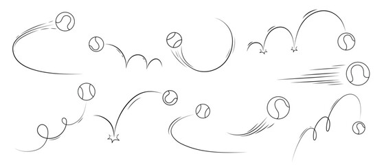 Hand drawn tennis sports ball vector set with dynamic motion, flying and bouncing line art illustrations for games, recreation and fitness. © Elena