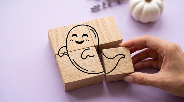 A hand places the final piece of a wooden puzzle featuring a cute ghost drawing, set against a pastel purple background with a small white pumpkin.
