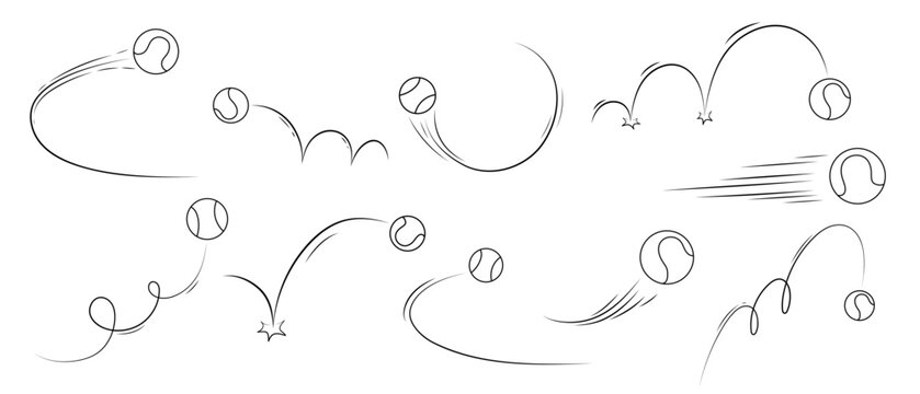 Hand drawn tennis sports ball vector set with dynamic motion, flying and bouncing line art illustrations for games, recreation and fitness.