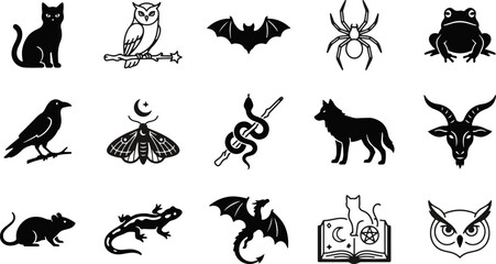 Set of mystic animals and witchcraft icons, black and white vector silhouettes of occult creatures and magic symbols, witchcraft © KCP Pal