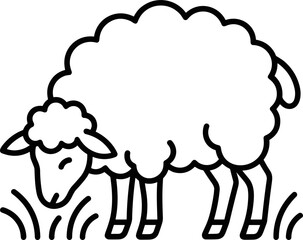 Minimalist outline icon of a cute sheep grazing on grass. © trisno
