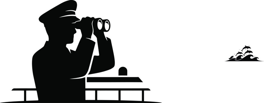 Ship captain looking through binoculars from the deck of a boat, black silhouette on a white background, for maritime theme