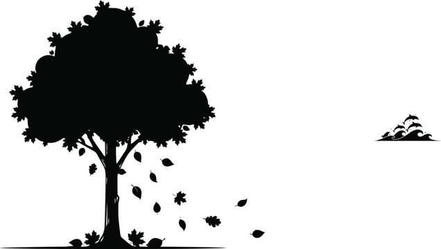 Silhouette of a deciduous tree with falling autumn leaves on a white background, seasonal nature for