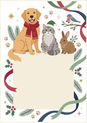 Naklejka premium Christmas pet frame with dog, cat, rabbit, festive greenery, ribbons, paw prints, and blank space, ideal for holiday cards, pet posters, invitations, stickers, and seasonal animal designs.