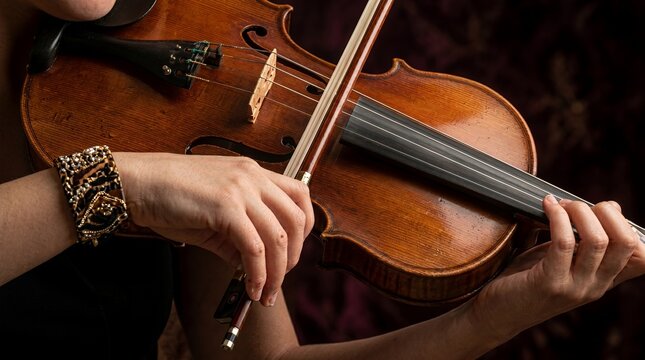 Female musician playing classical wooden violin with bow close up view showing hands positioning, fingerboard, bridge, strings, and rich dark background during musical performance.