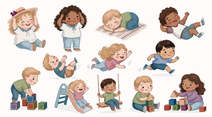 Fototapeta premium Happy children playing with blocks, swings, slides, toys, and colorful outdoor activities.