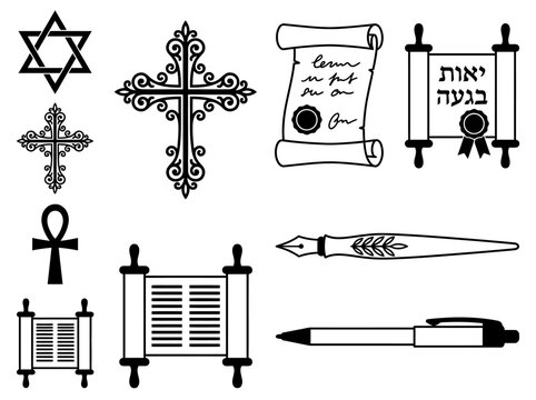 Set of religious and historical icons featuring crosses, Star of David, Ankh, ancient scrolls, and writing instruments.