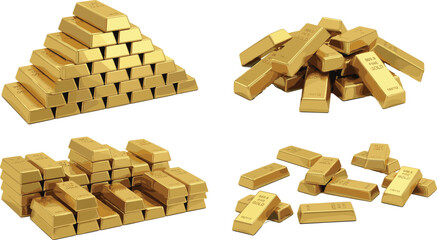 Massive Gold Bullion Pyramid Stacks and Scattered Heap Vector Set for Treasure, Luxury Banking, Wealth Reserves, and Financial Prosperity Concepts © Ashik 