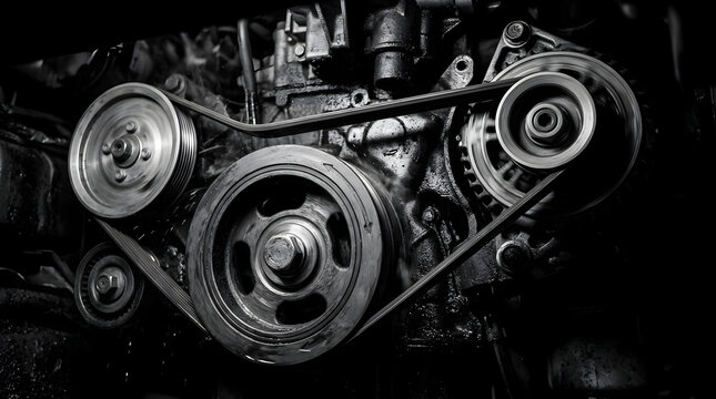 Black and white close-up shot of a car engine featuring metal pulleys, gears, and a timing belt inside the mechanical system of a vehicle