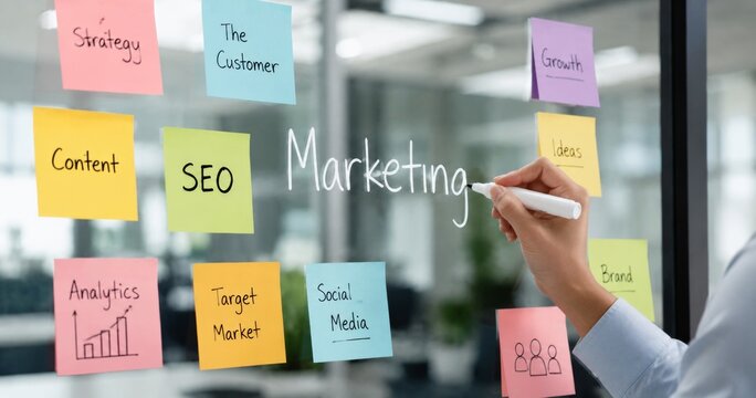 Digital Marketing Strategy Planning with Sticky Notes on Glass Board for SEO and Branding Campaign