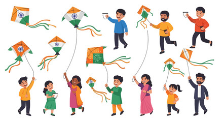 Fototapeta premium Joyful diverse families flying colorful kites with Indian flag designs outdoors.