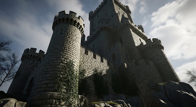 Medieval Castle Architecture Under Cloudy Sky.