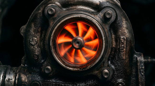 Glowing hot turbine impeller inside a heavy-duty industrial engine part, showcasing extreme heat and mechanical power