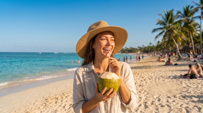 Happy woman enjoying a refreshing coconut drink on a beautiful tropical beach with palm trees and clear blue water.