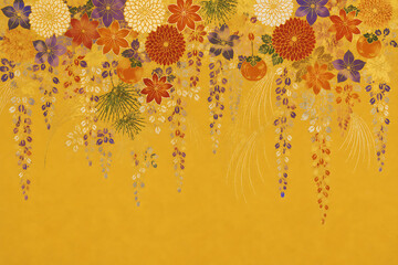 Naklejka premium Elegant Japanese Floral Banner Background with Chrysanthemum, Maple Leaves and Wisteria in Traditional Nihonga Style, Golden Washi Texture