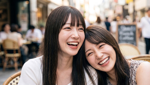 Two happy young Asian women friends smiling and laughing together at an outdoor cafe in the city, enjoying lifestyle and friendship