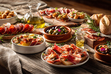 Obraz premium Authentic Spanish tapas selection featuring cured meats, seafood, olives, croquettes and artisan bread