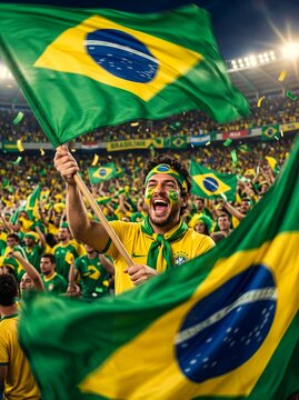 Enthusiastic brazilian football fan waving national flag cheering in crowded stadium stands excited sports supporter celebrating match victory sports arena fan atmosphere banner concept.