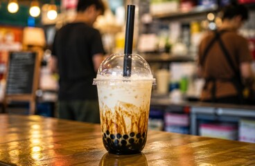 Fototapeta premium Taiwanese Bubble Milk Tea with Tapioca Pearls Served at Taipei Night Market Evening Food Scene