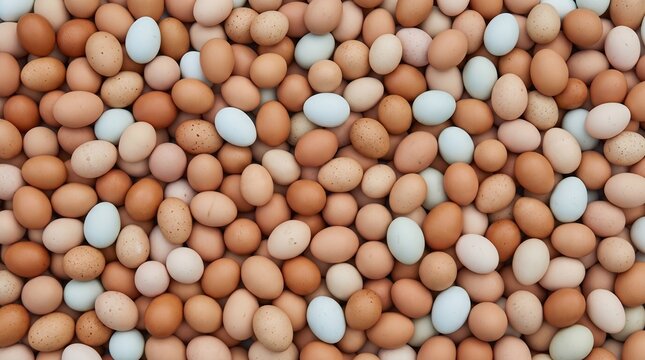 Top down close up background texture of abundant fresh raw farm eggs in diverse shades of brown blue and white organic poultry agriculture product harvest from local eco friendly countryside farm.