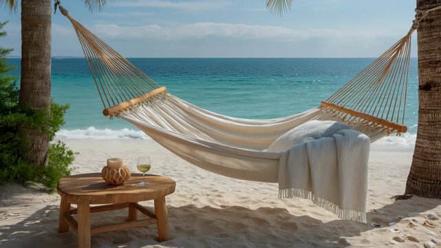 Hammock hanging over sand with table and scenic ocean