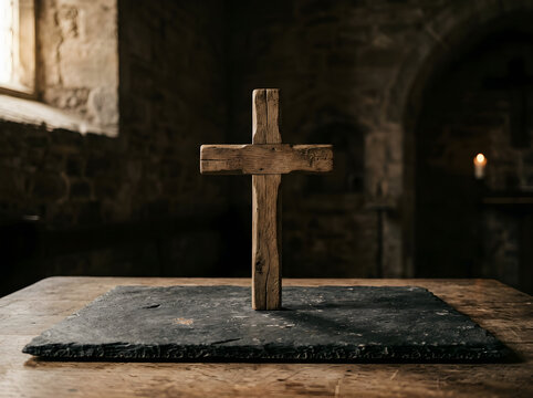 Simple wooden cross standing on a dark stone tile on a rustic wooden table inside an old medieval church with soft natural window light and warm candle glow