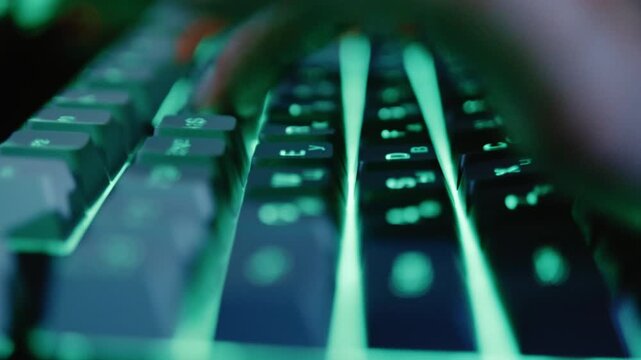 Close-up view of a programmer or gamer typing quickly on a keyboard with green neon backlight. Quick rack focus back and forth