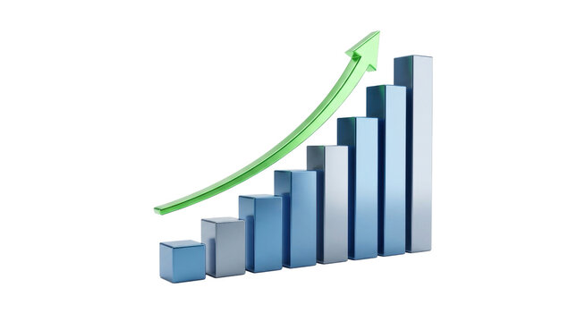 Upward Trend Chart: A 3D bar chart visualizes a strong positive trend with a rising green arrow indicating growth and progress.